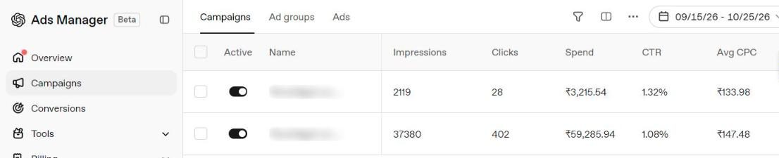Live ChatGPT Ads campaigns in OpenAI Ads Manager managed by Manan Gupta