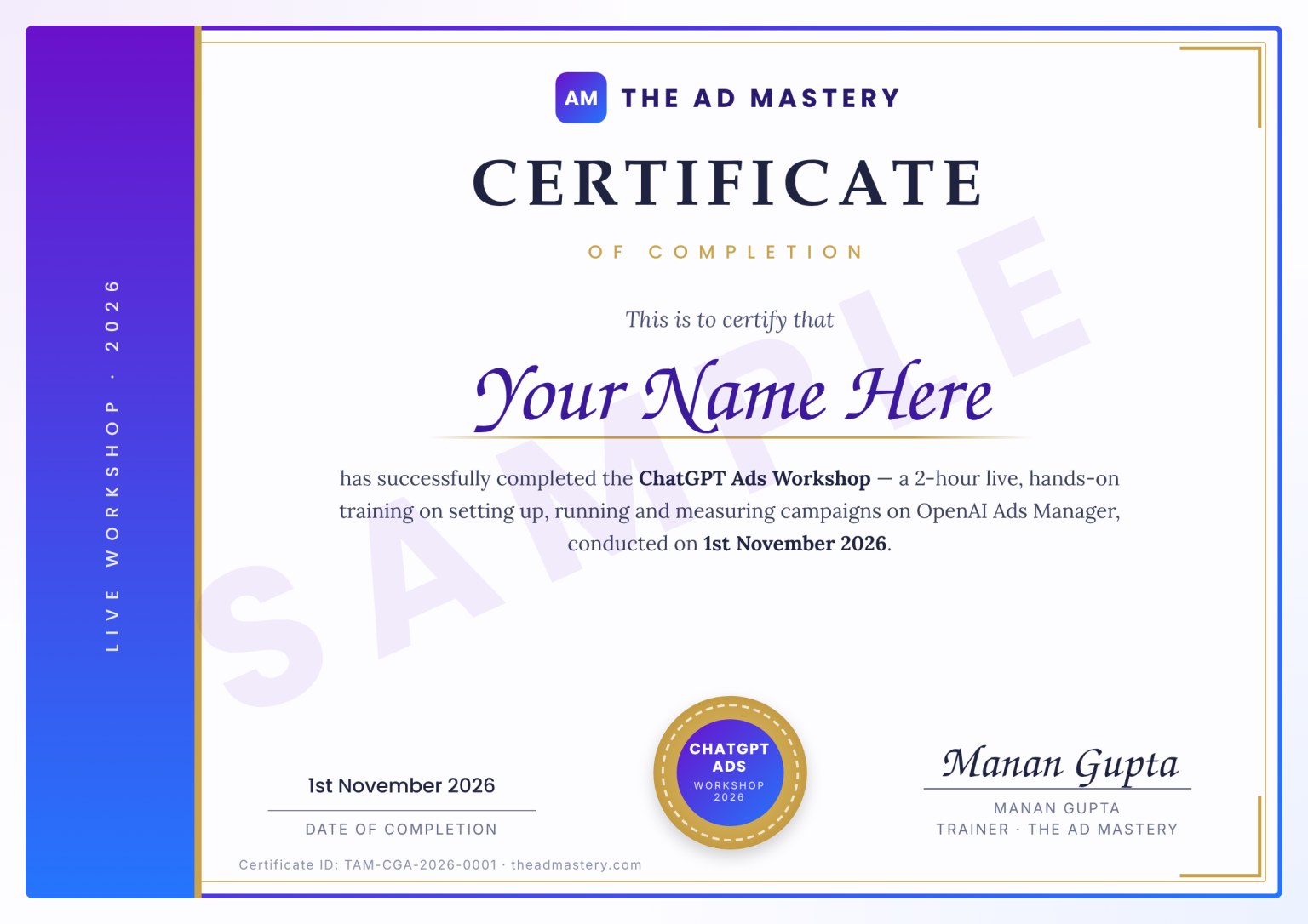 Sample certificate of completion for The Ad Mastery ChatGPT Ads Workshop